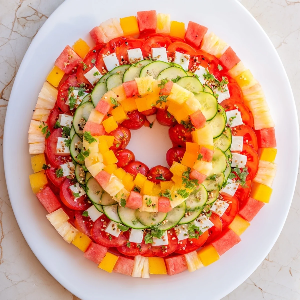 Vibrant concentric rings of flavor: sweet pineapple, savory feta, and spicy chickpeas.