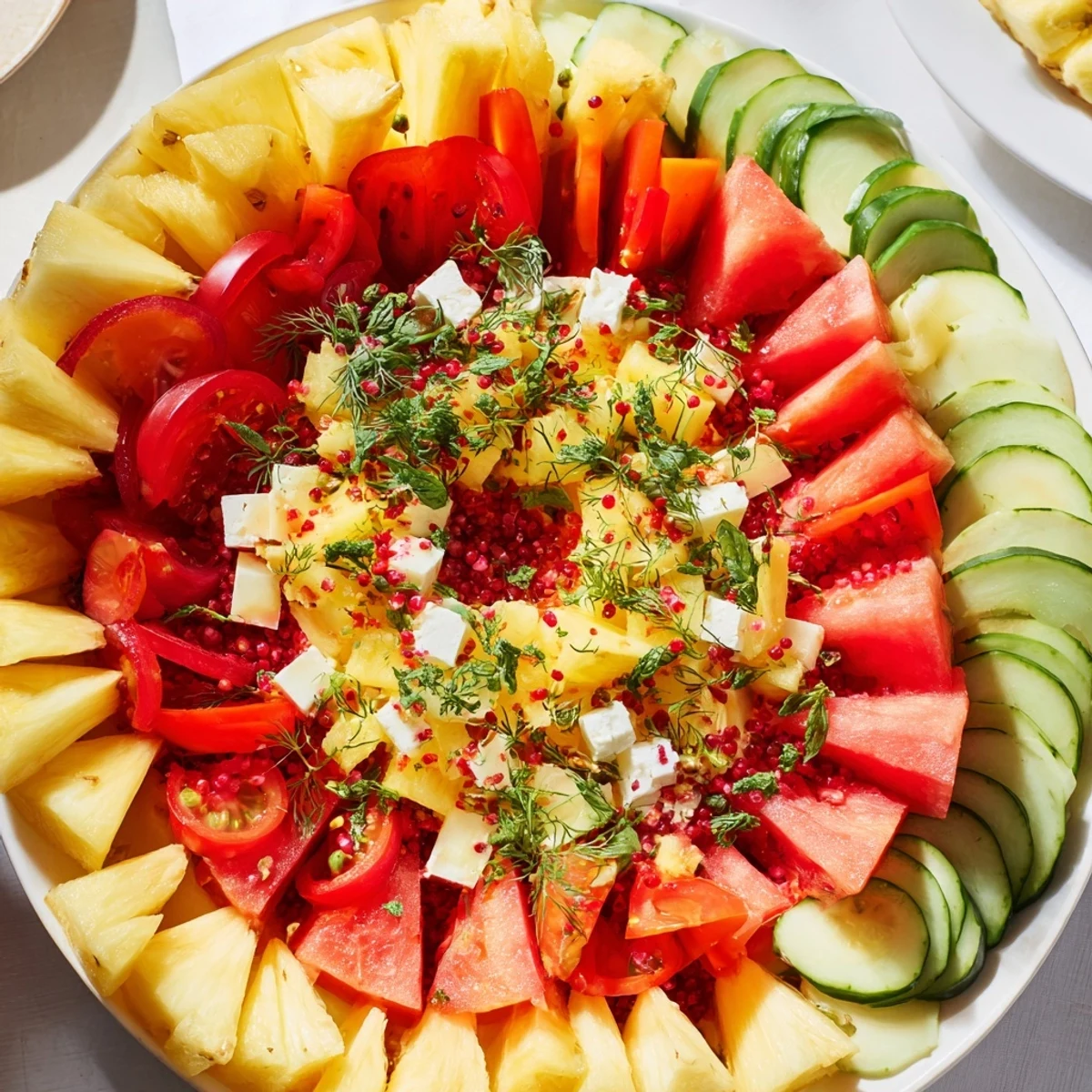 A beautiful serving of concentric rings of flavor: a stunning vegetarian appetizer, ready to eat.