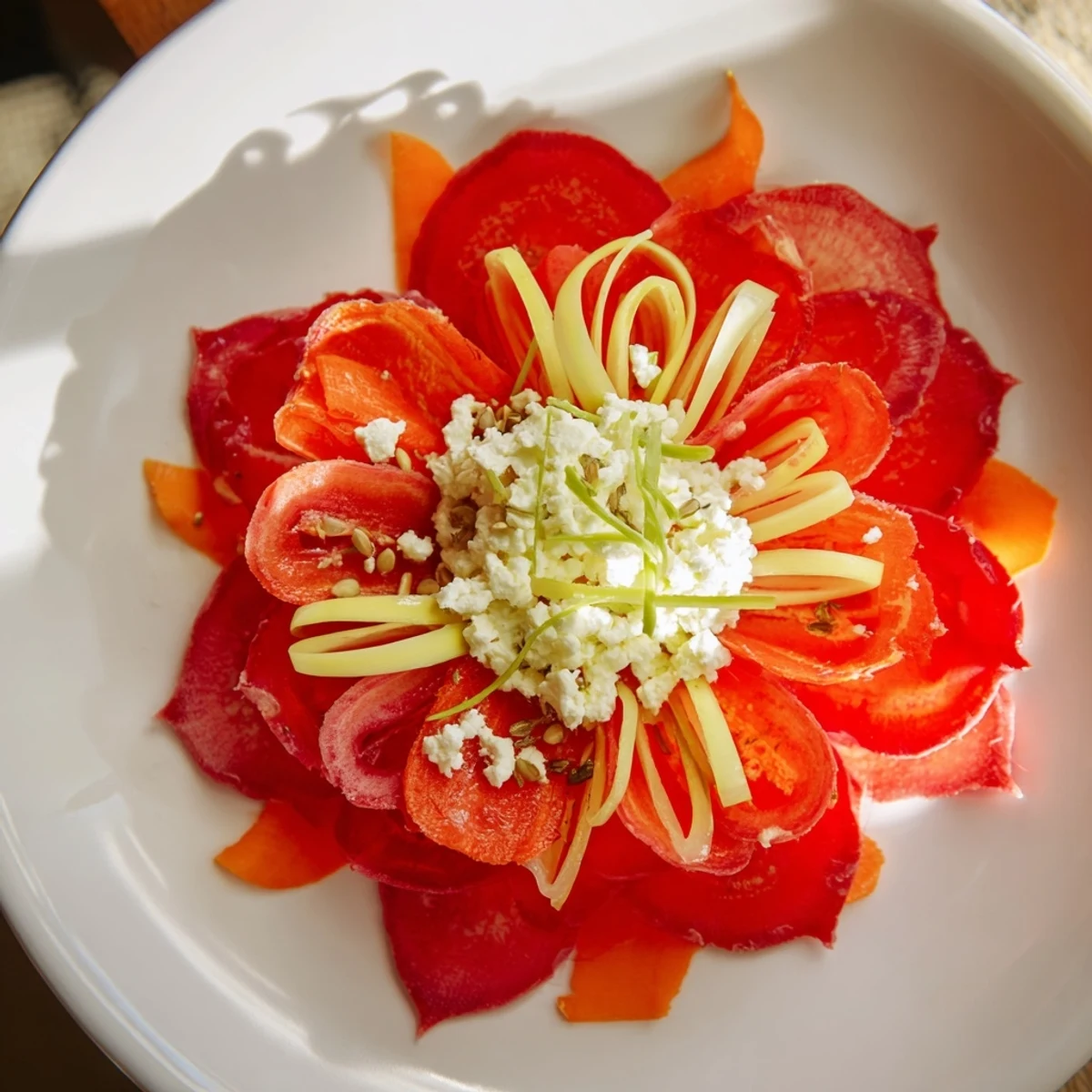 Vibrant Radial Symmetry Sunburst salad, fanned out with colorful vegetables and creamy goat cheese.
