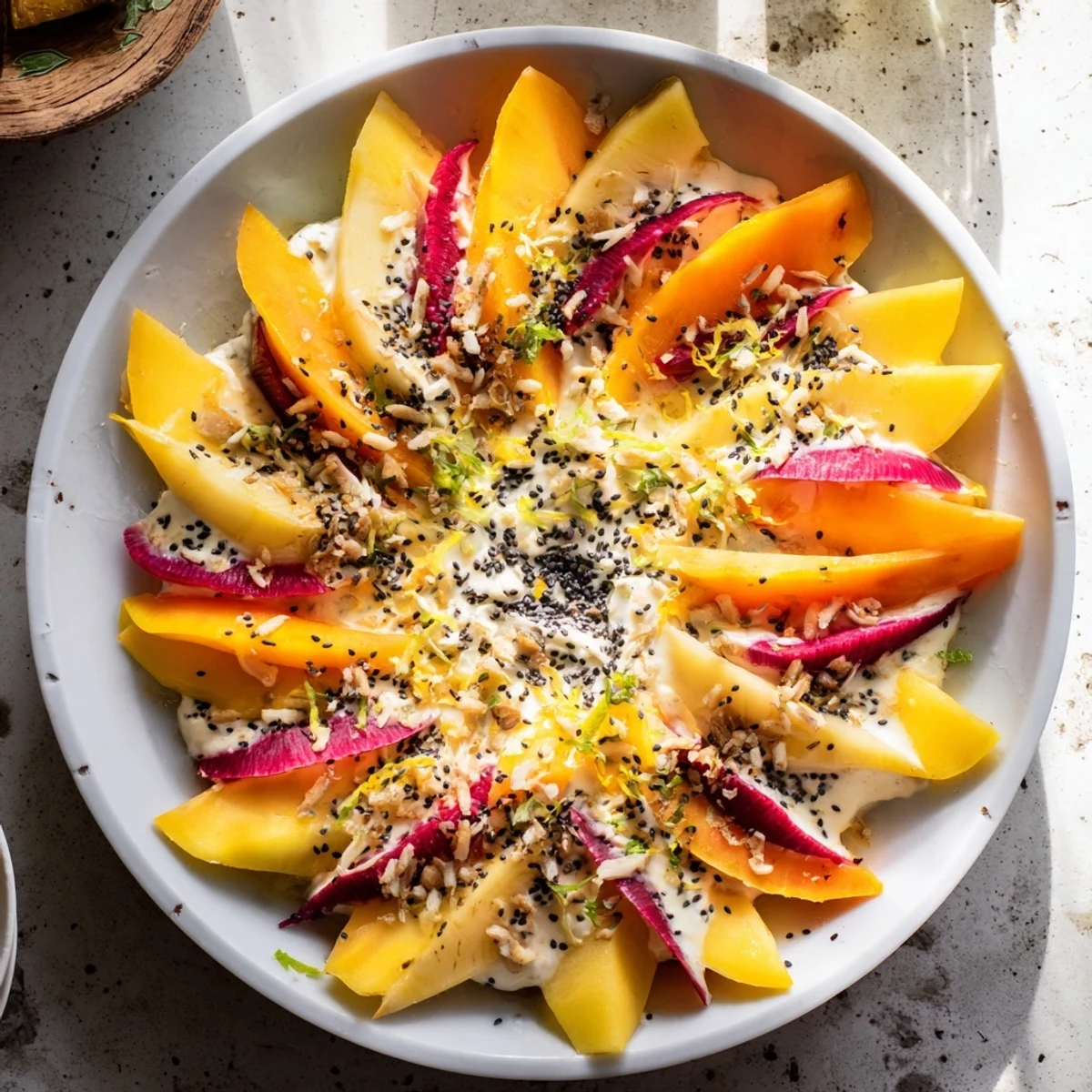 Beautiful circular arrangement of a Radial Symmetry Sunburst salad, ready for serving with fresh herbs.