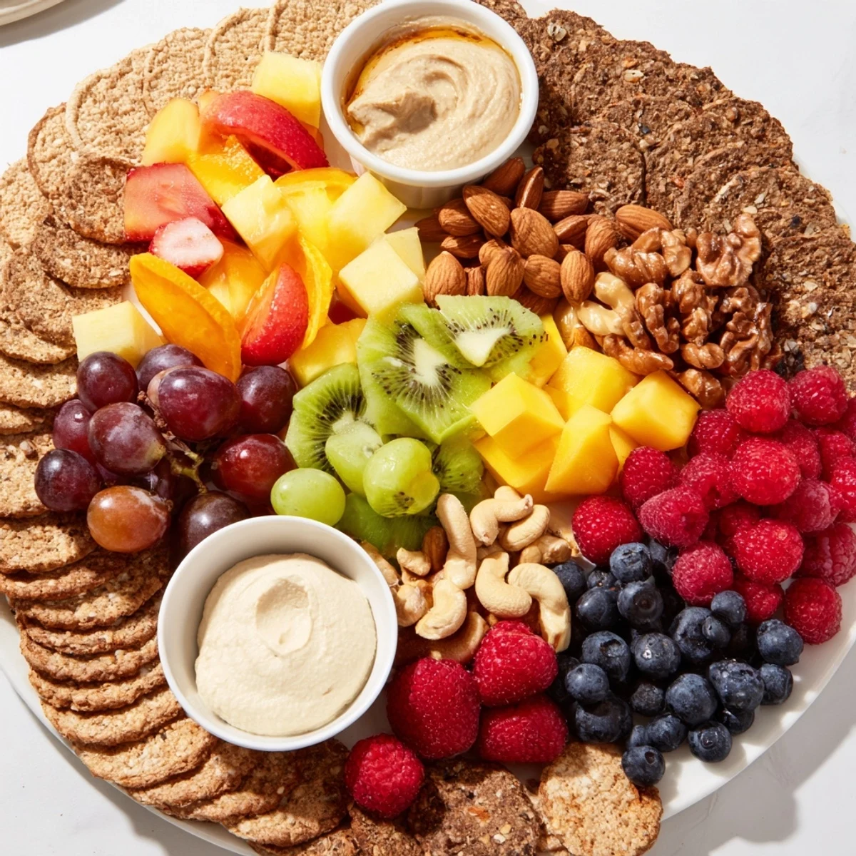 A Hidden Oasis appetizer: crackers, nuts surround vibrant fruits and creamy dips, ready to serve.