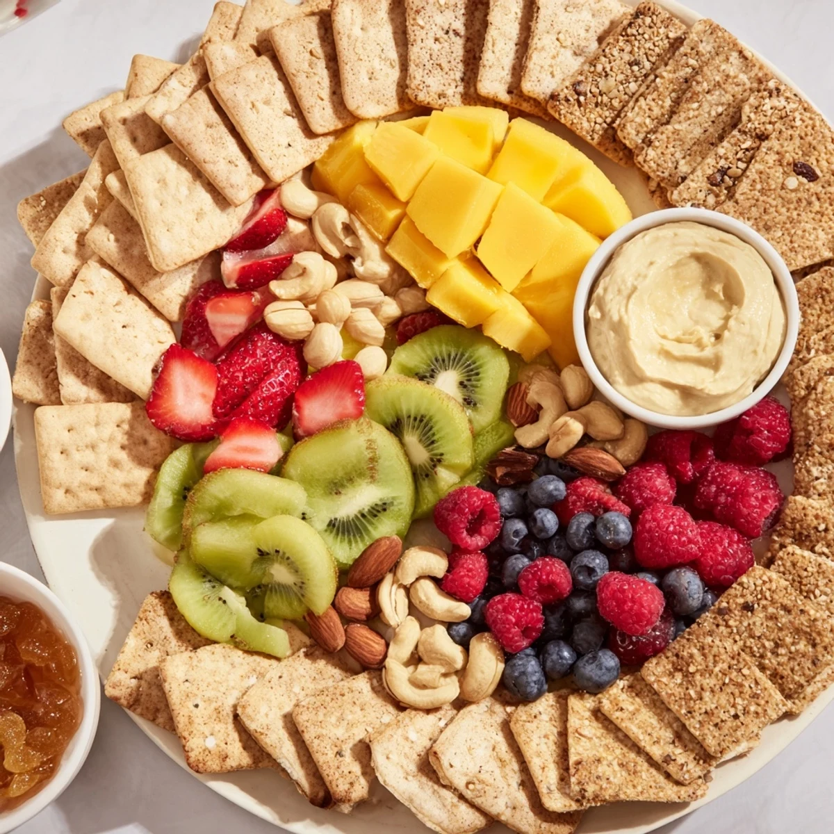 The Hidden Oasis appetizer offers colorful fruits and dips nestled in a ring of crackers and nuts.