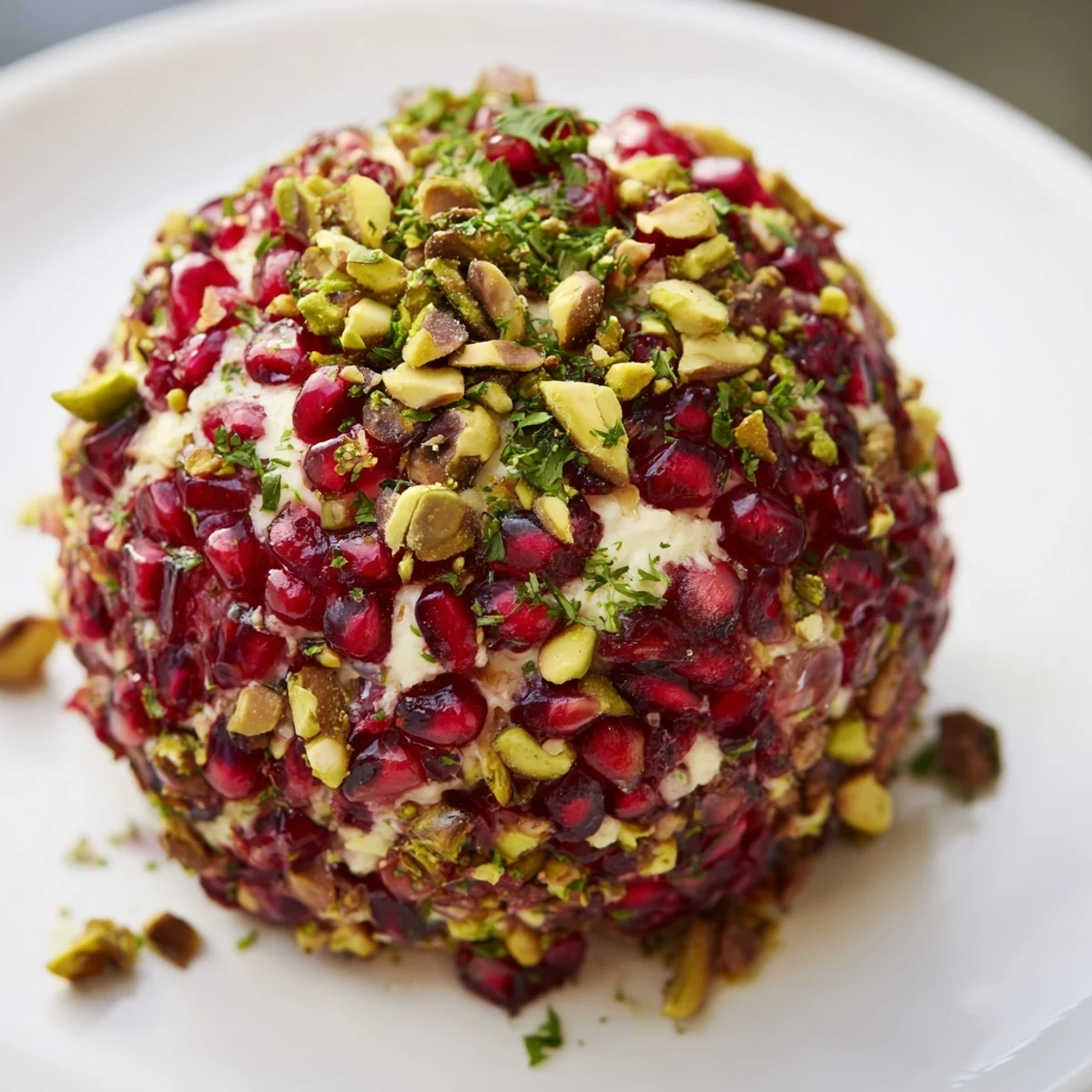 This beautiful Royal Orb cheese ball is covered in bright pomegranate and crunchy pistachios, ready to serve.