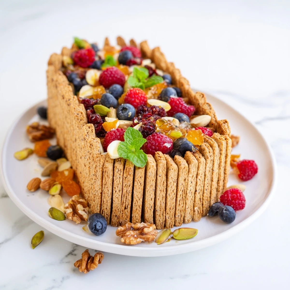 The Picket Fence appetizer: a colorful platter of nuts and berries behind a cracker fence.