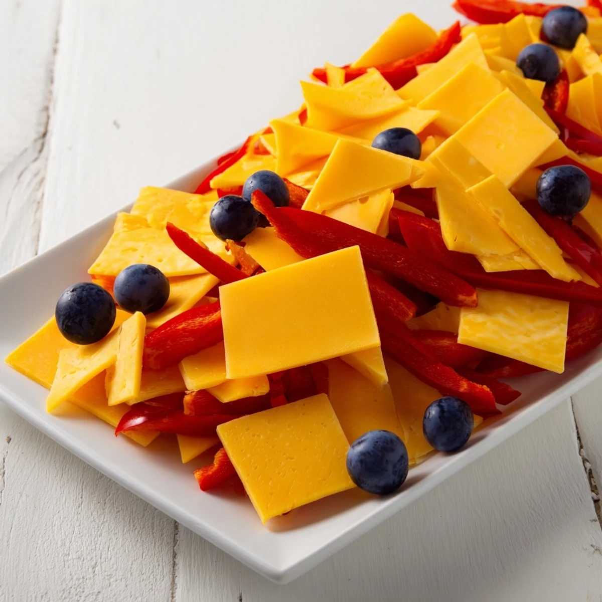 Bauhaus Block appetizer featuring vibrant red pepper, yellow cheese, and plump, dark grapes on a platter.