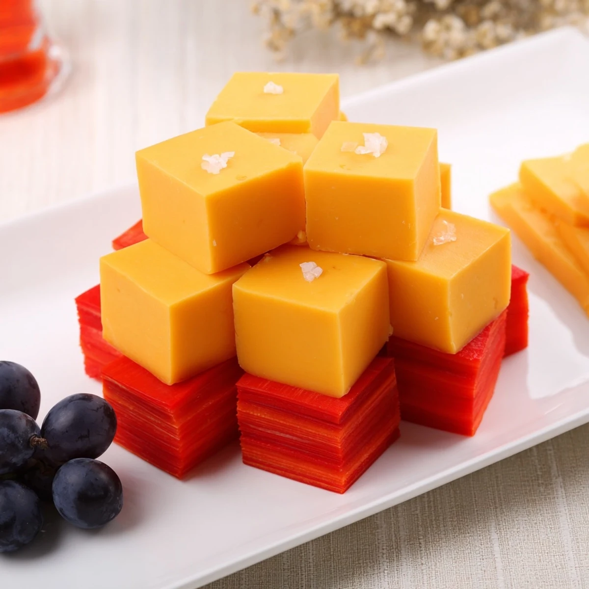 Visually striking Bauhaus Block appetizer: artful arrangement of colorful, crunchy bell peppers and fruity grapes.