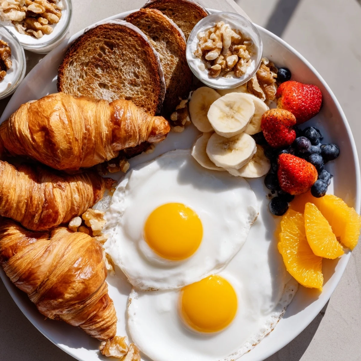 A Soleil Matinal breakfast platter showing colorful fruits, golden eggs, and buttery croissants ready to eat.