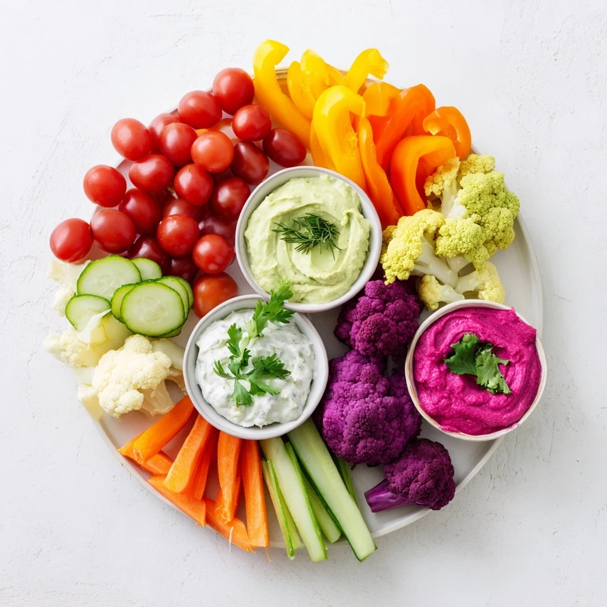 Fresh Rainbow Vegetable Dips, showcasing a medley of crisp vegetables ready for easy appetizer enjoyment.