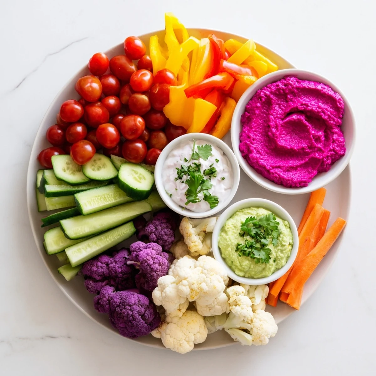 Rainbow Vegetable Dips: a colorful platter with vibrant vegetables and creamy homemade dips for dipping.