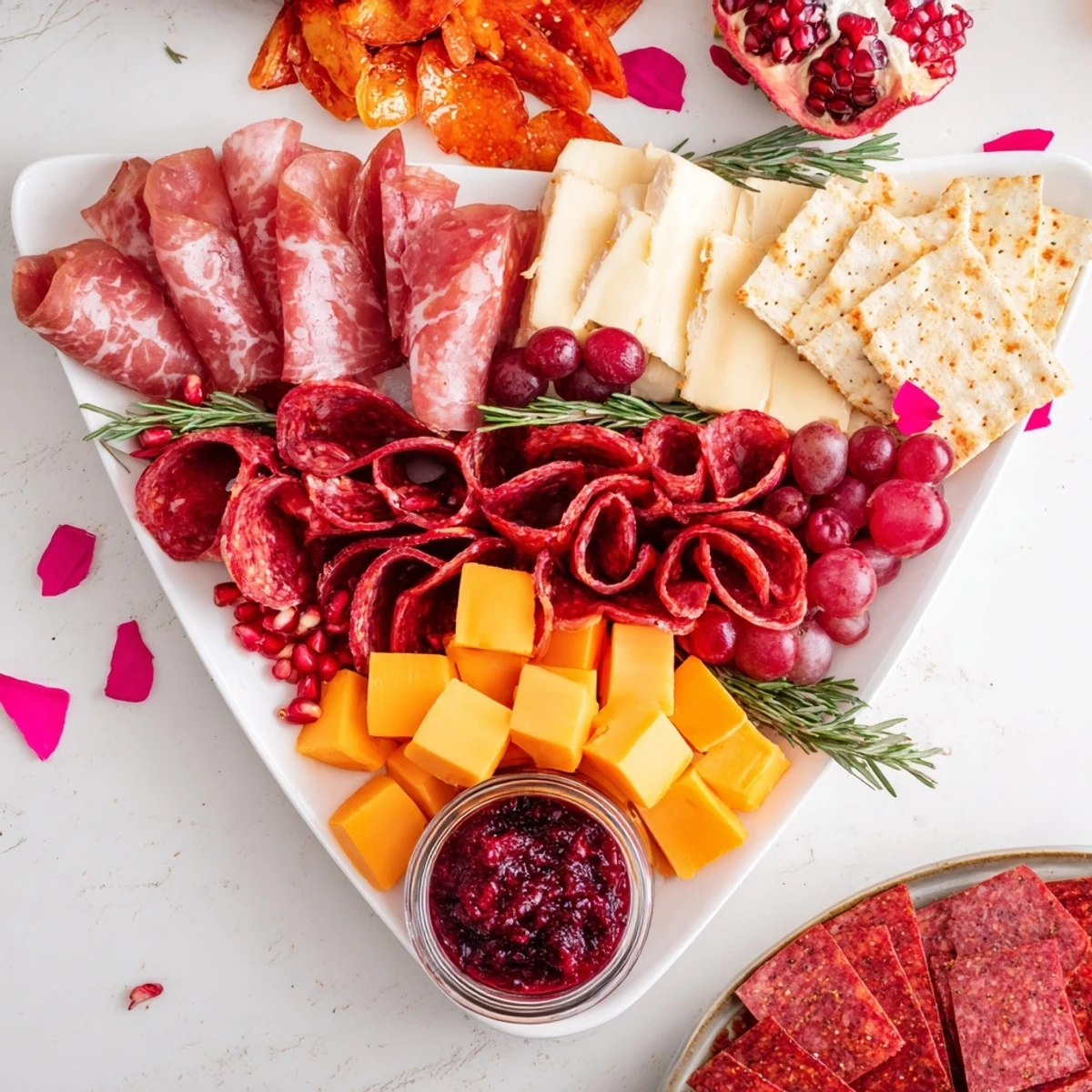 This appetizing Crimson Crest includes red wine cheddar, cured meats, and fresh garnishes for elegant enjoyment.