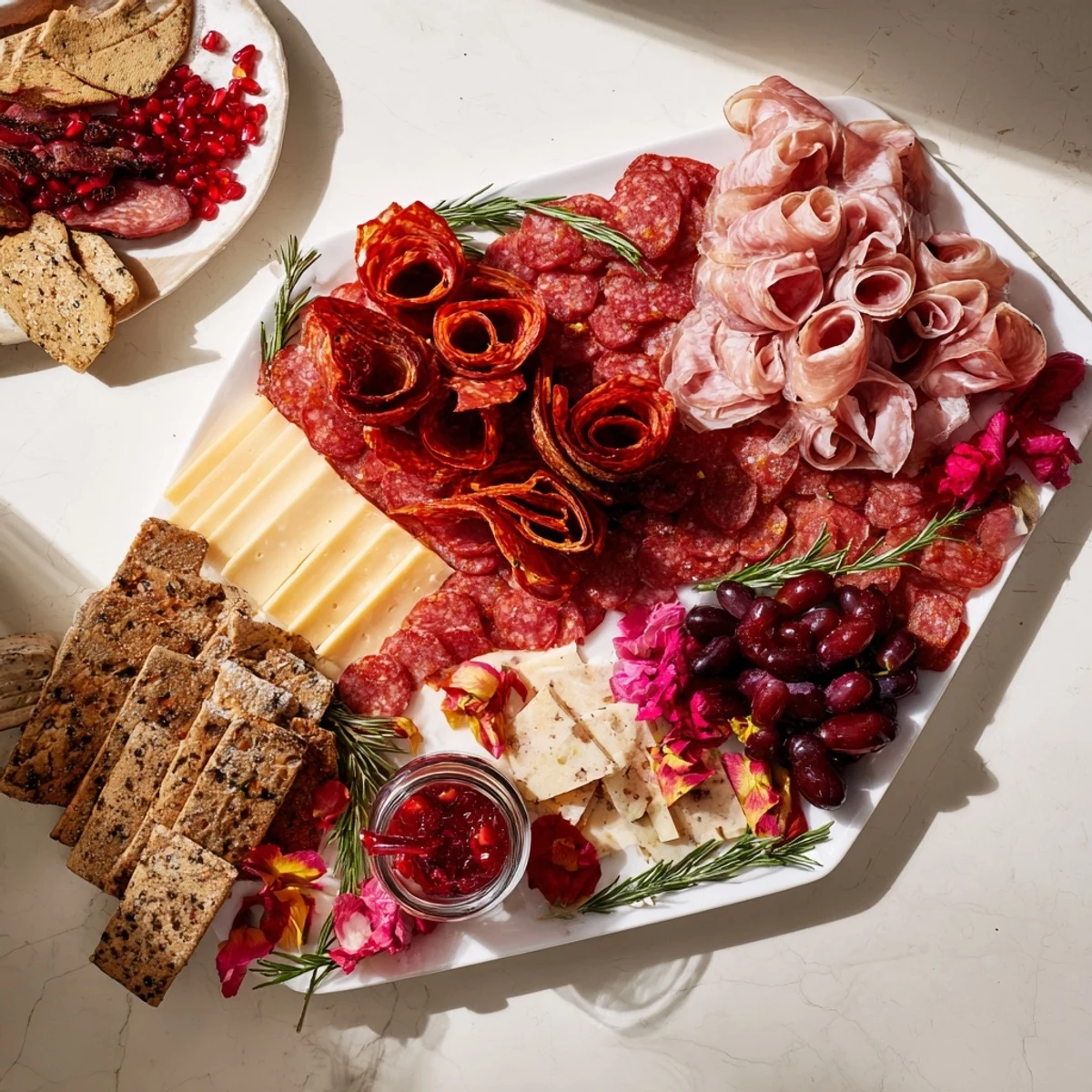 A beautifully arranged Crimson Crest charcuterie board brimming with red meats and artisan cheeses.