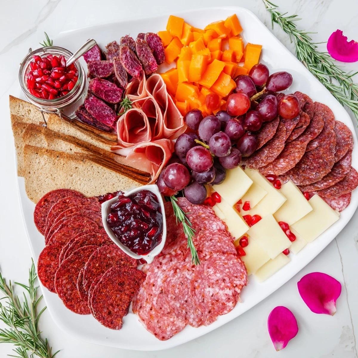 Indulge in this vibrant Crimson Crest, a charcuterie board with a medley of gourmet foods and red accents.