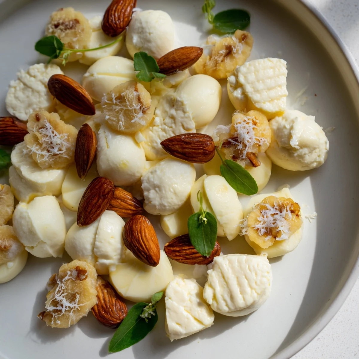 Serve this elegant The Polished Pebble with mozzarella, goat cheese, and golden roasted almonds for a stunning appetizer.