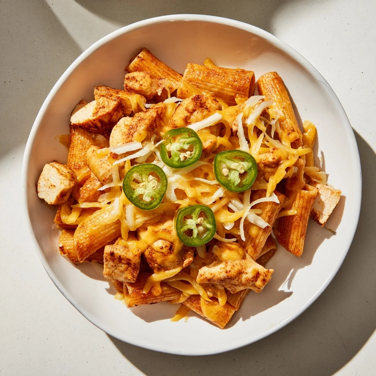 Warm, cheesy Pasta Chip Nachos with spicy jalapeños and seasoned taco chicken, ready to eat.