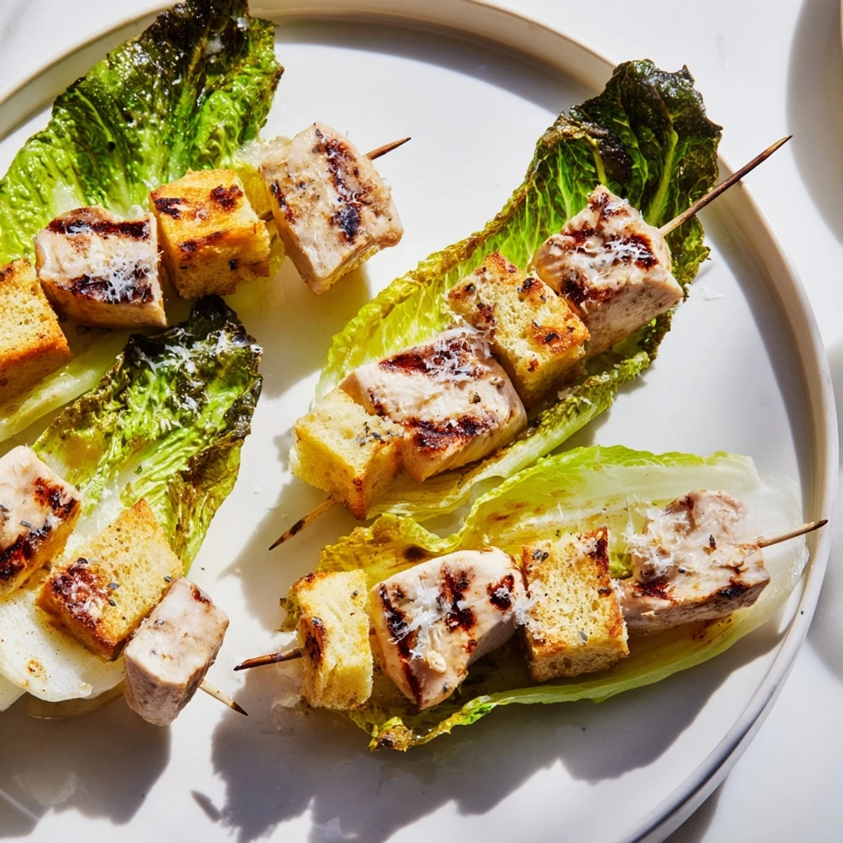 Grilled Chicken Caesar Salad Skewers served on a platter, ready to be enjoyed as a refreshing appetizer.