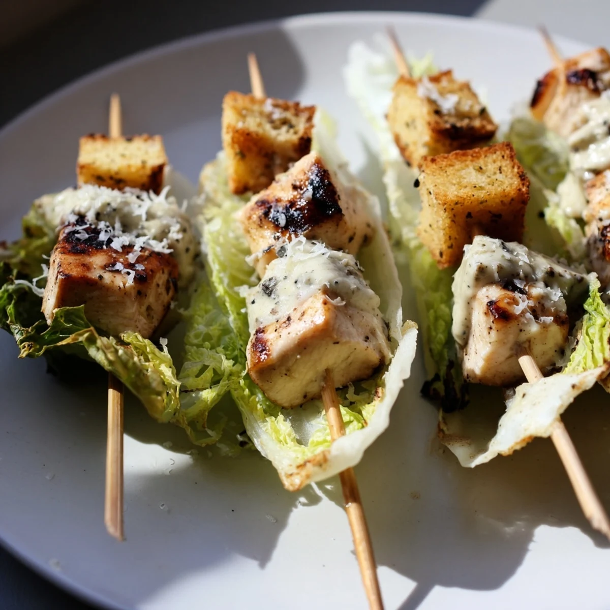 Close-up of Chicken Caesar Salad Skewers: grilled chicken, romaine, and crouton bites drizzled with creamy Caesar.