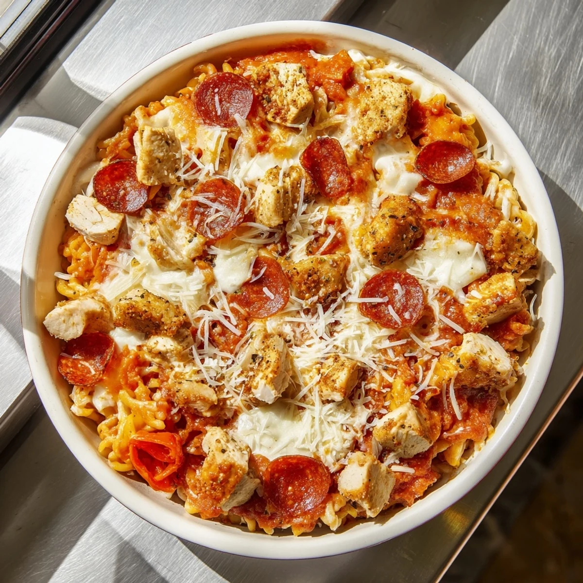 One-Pan Pizza Pasta bubbling with melted mozzarella and pepperoni, ready for a delicious dinner.