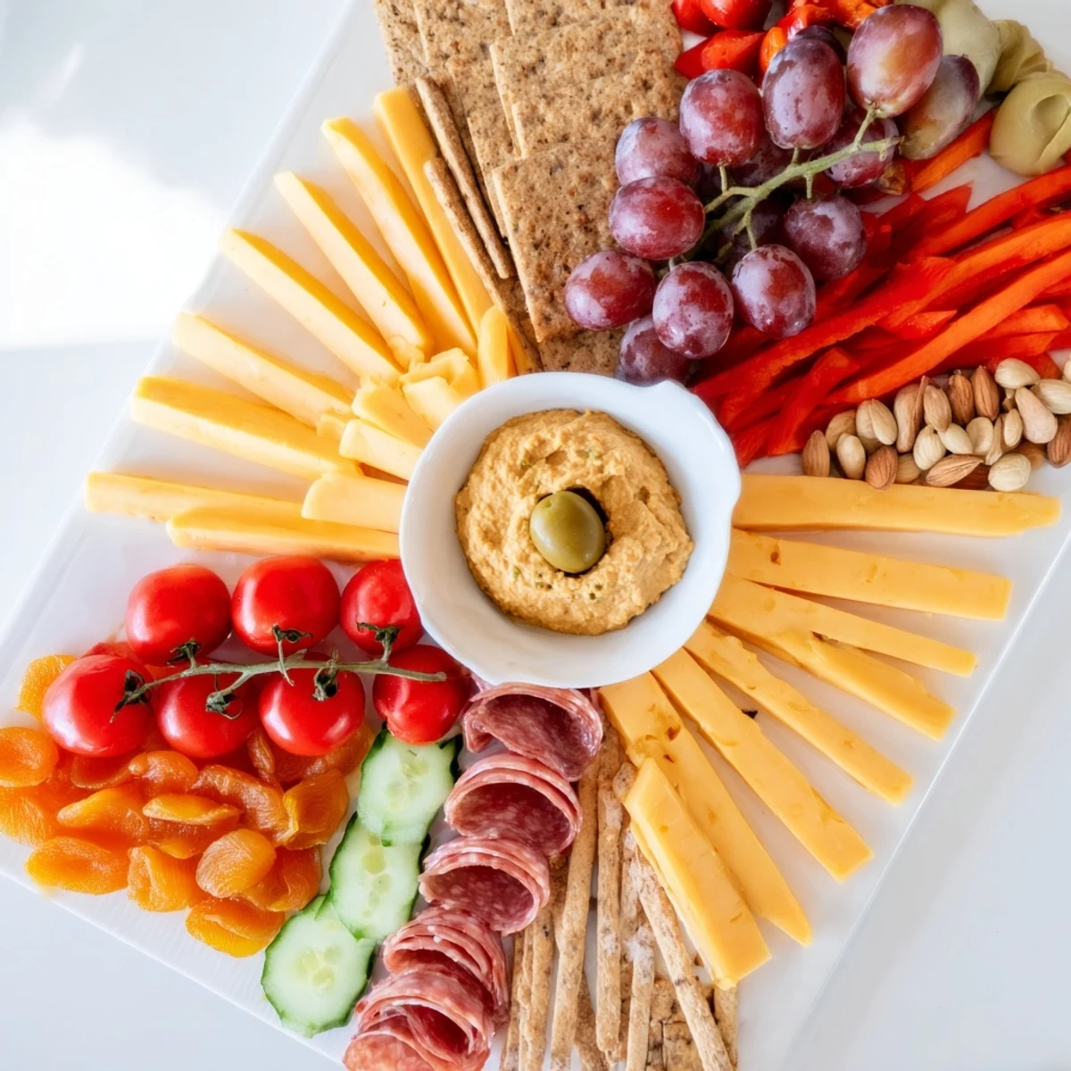 Arrowhead directional charcuterie board with sliced cheeses and meats, ready to serve with dip.