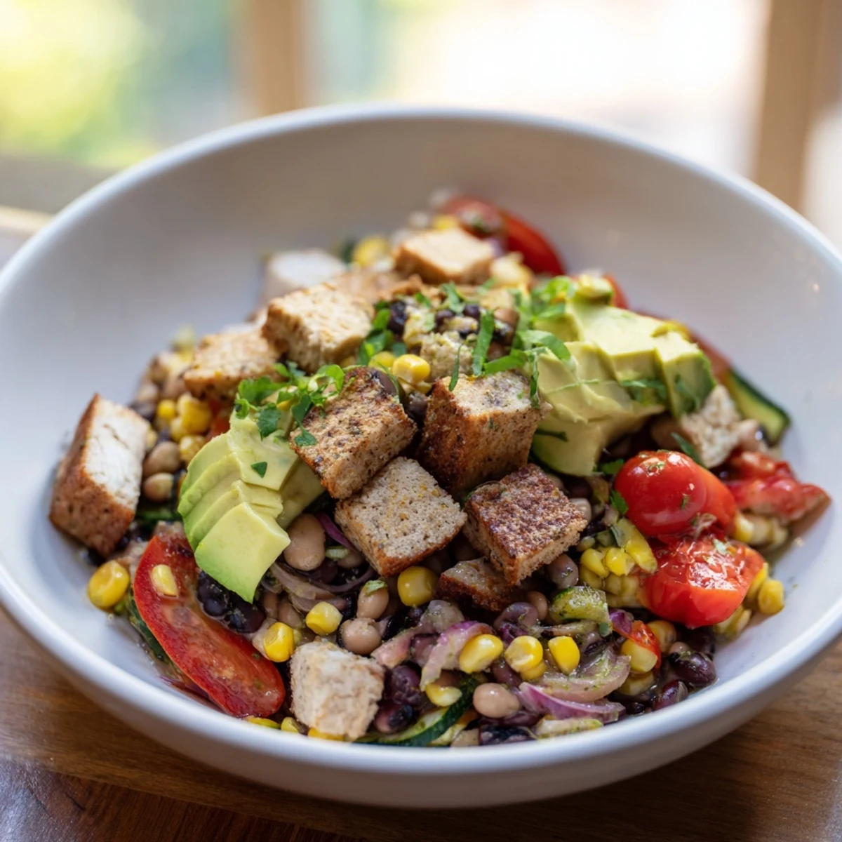 Delicious, colorful Dense Southwestern Bean Salad, perfect for a summer gathering or quick lunch.