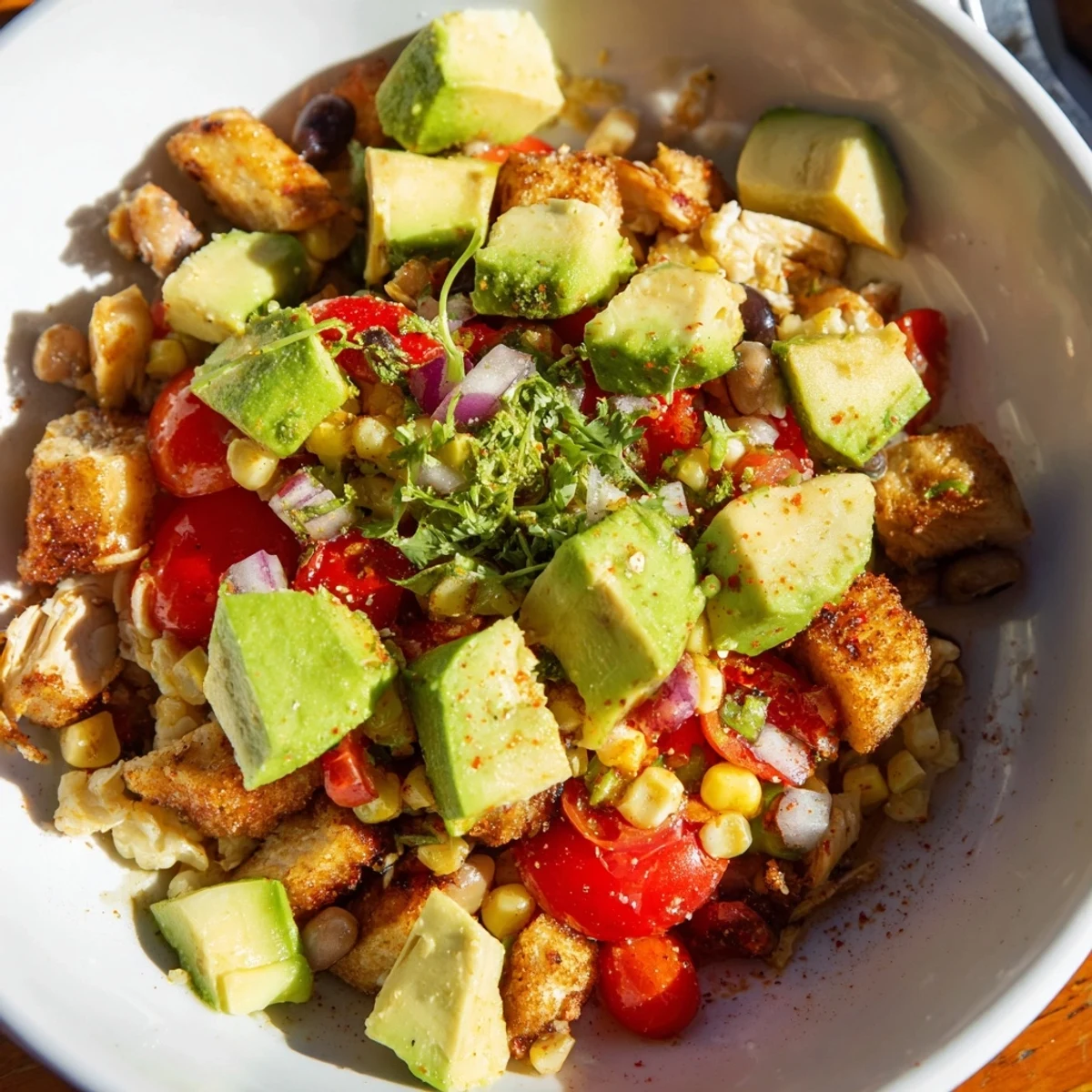 Vibrant Southwestern Bean Salad with shredded chicken, sweet corn, and a zesty lime dressing.
