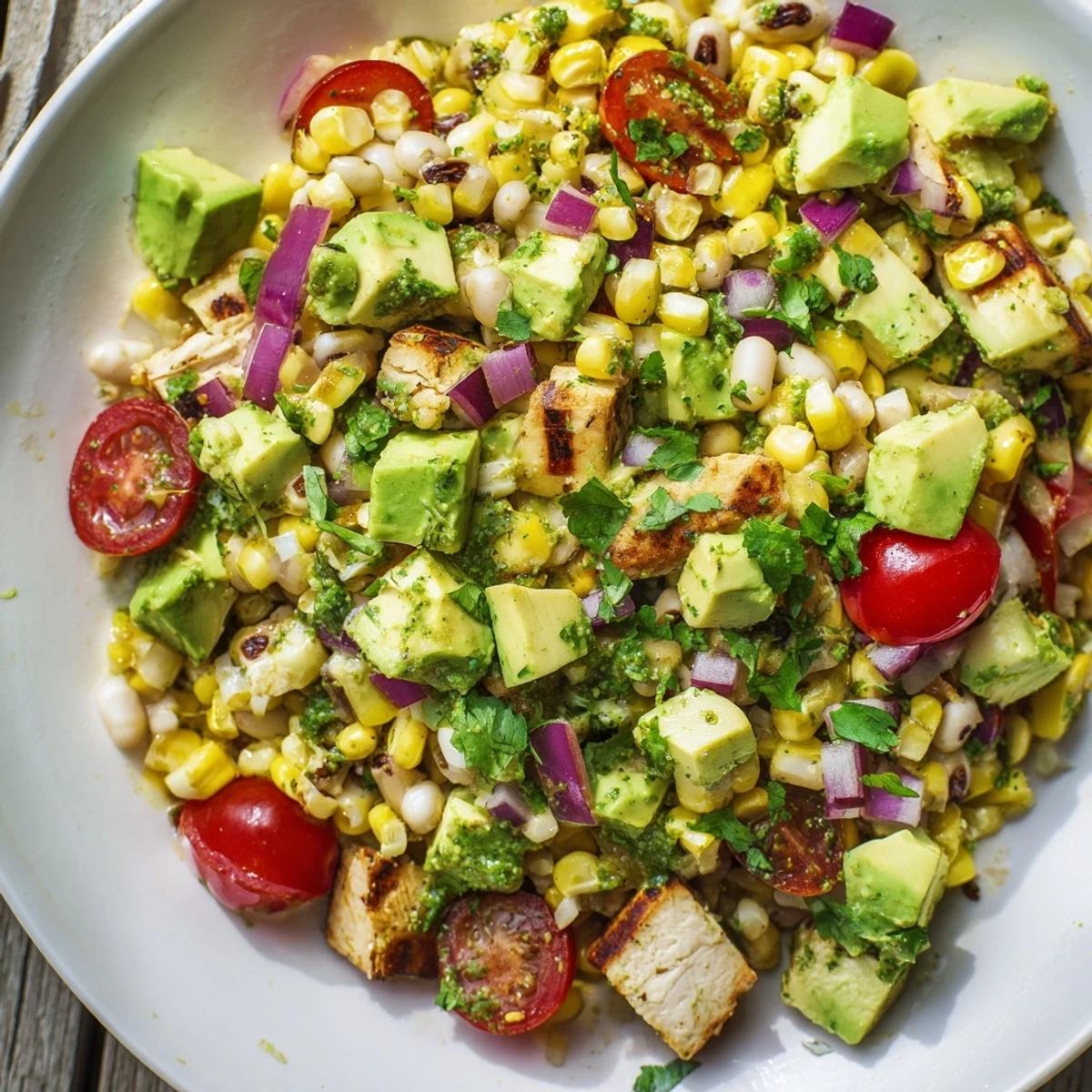 A close-up view of the hearty Southwestern Bean Salad, ready to be enjoyed with tortilla chips.