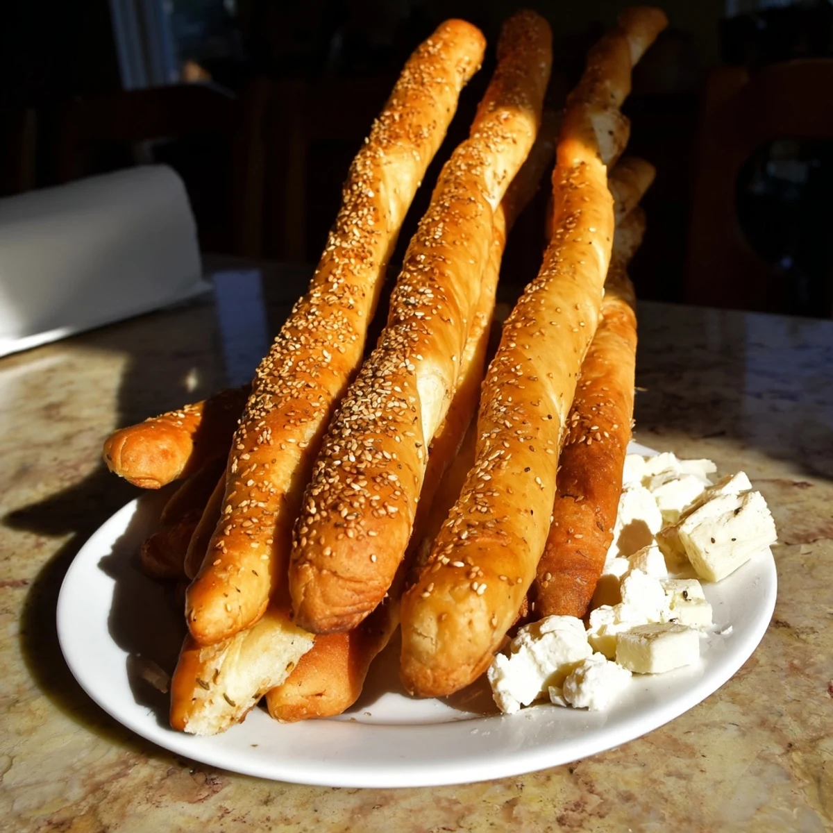 Golden, crispy breadsticks constructing a stunning "Gilded Cage" appetizer, filled with creamy cheeses and grapes.