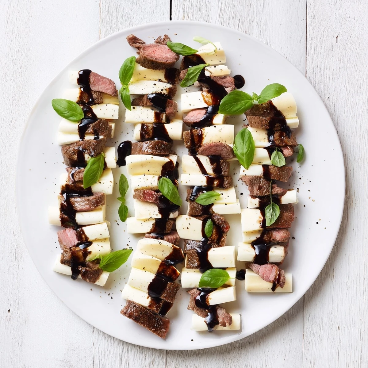 Elegant "Safari Stripes" appetizer platter featuring balsamic-glazed meats and fresh mozzarella cheese for guests.