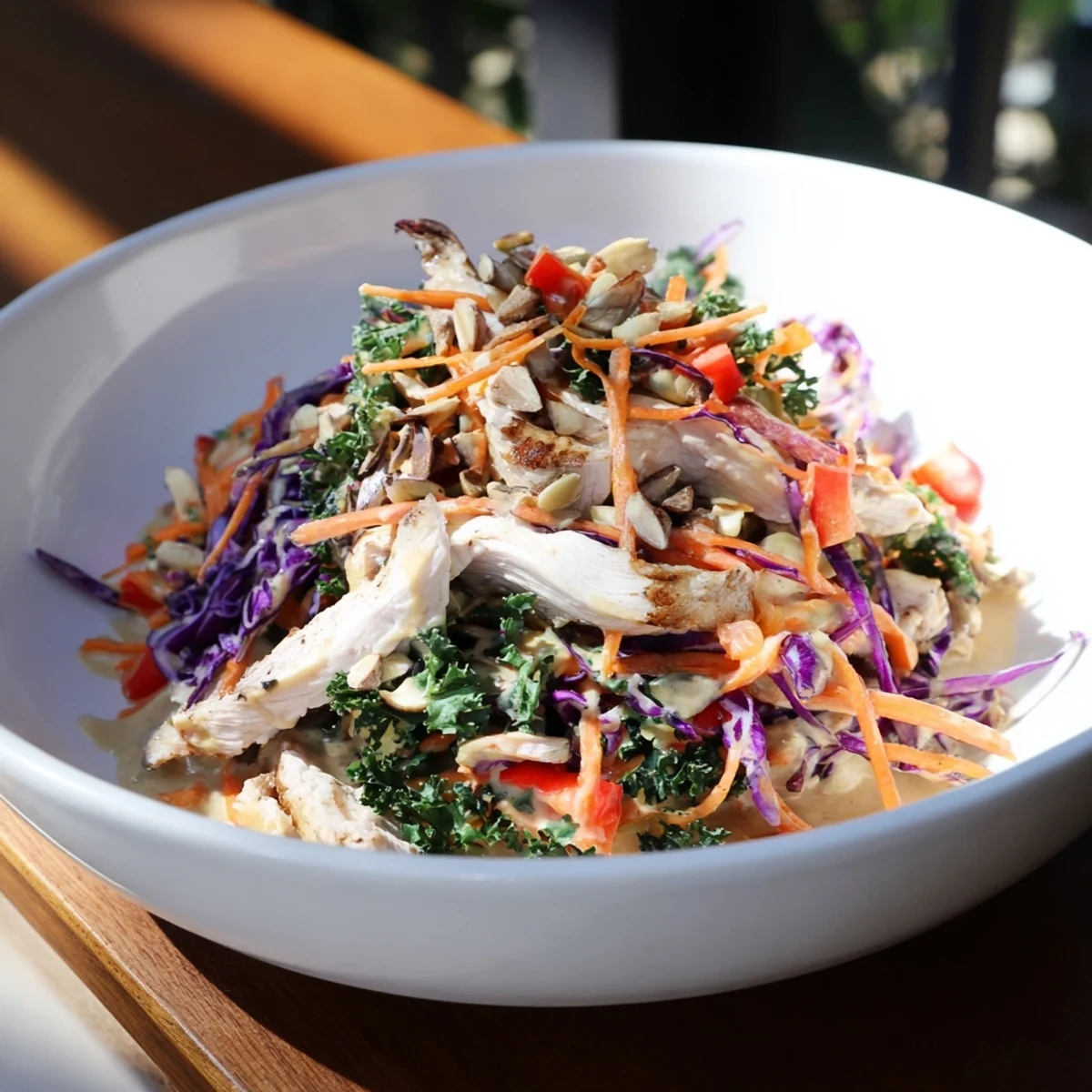 This plated Carrot Ribbon and Chicken Slaw features fresh cilantro and peanuts, ready to be enjoyed.