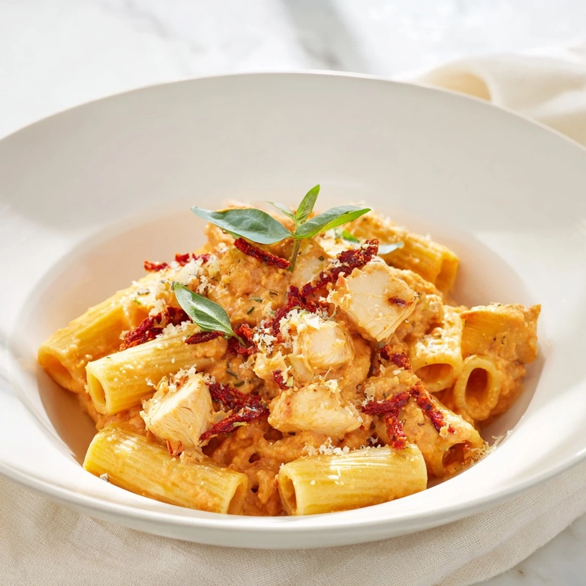 A flavorful photo of Spicy Vodka Chicken Pasta with creamy sauce and rigatoni pasta.