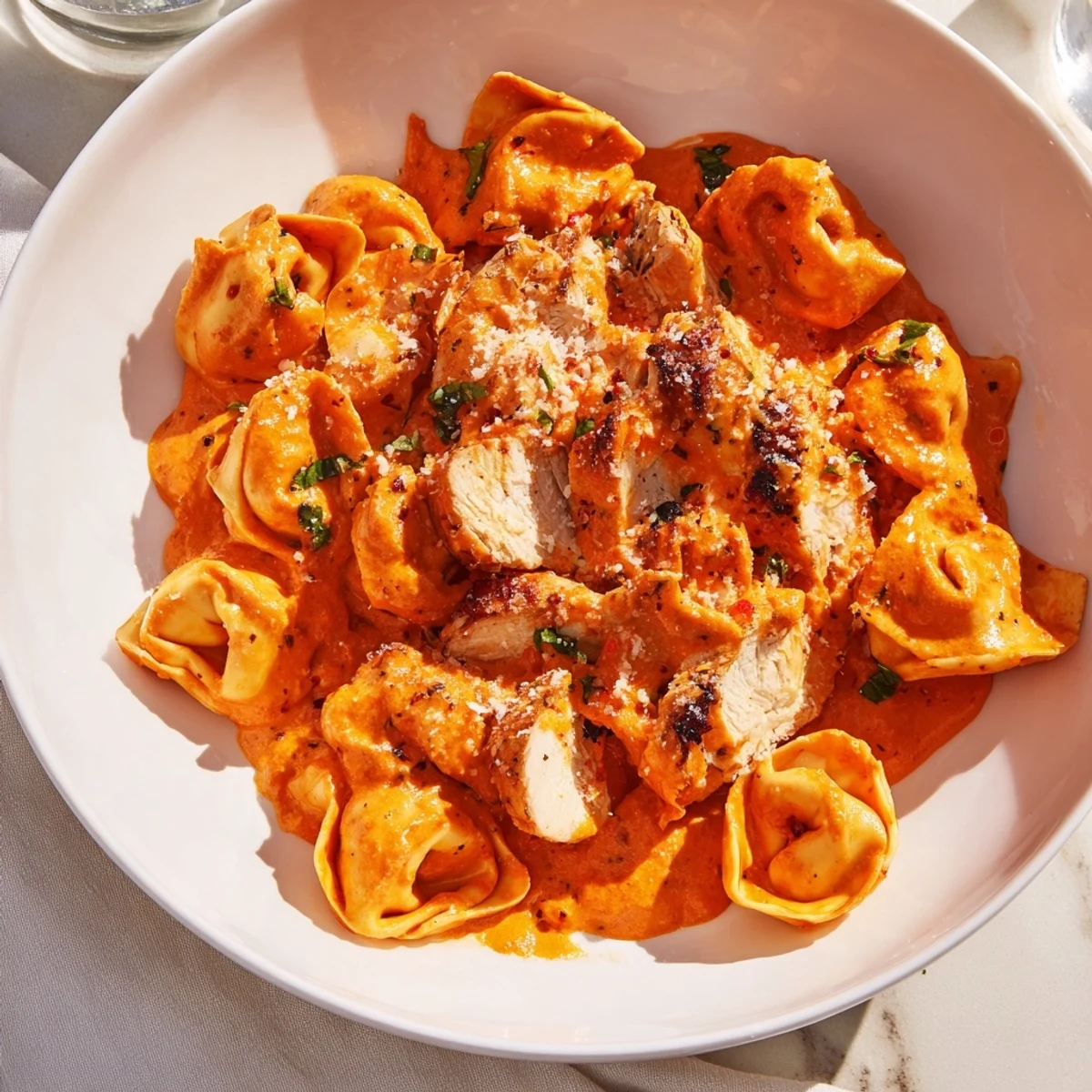 Image of creamy, flavorful Marry Me Chicken Tortellini with sliced chicken and fresh basil.