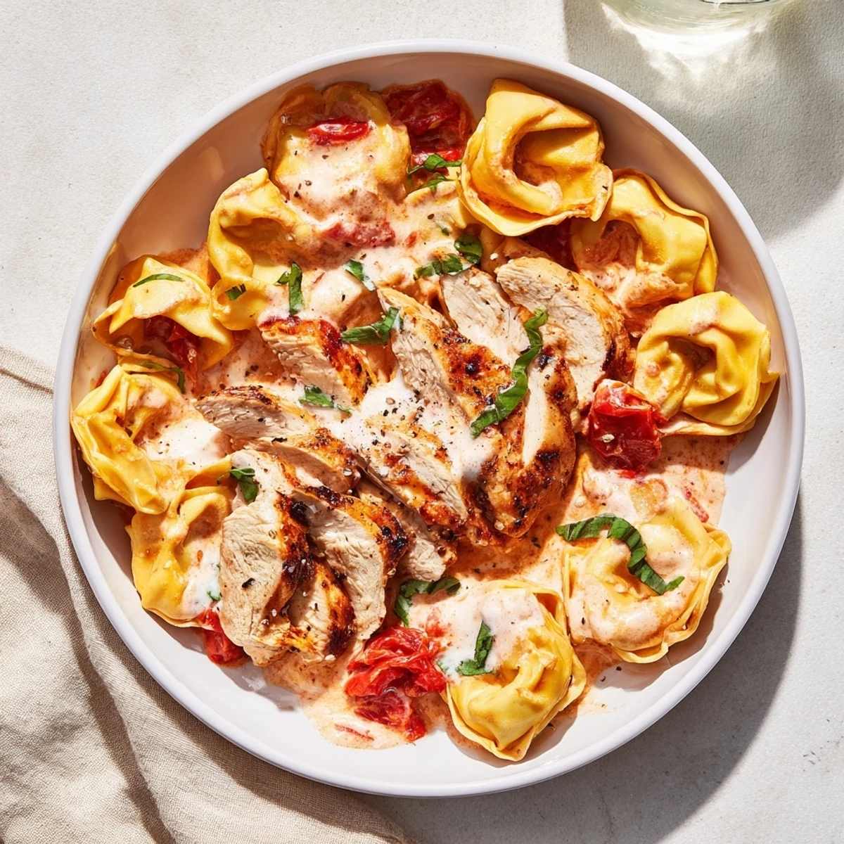 Close-up of a serving of rich Marry Me Chicken Tortellini with visible cheese tortellini and chicken.