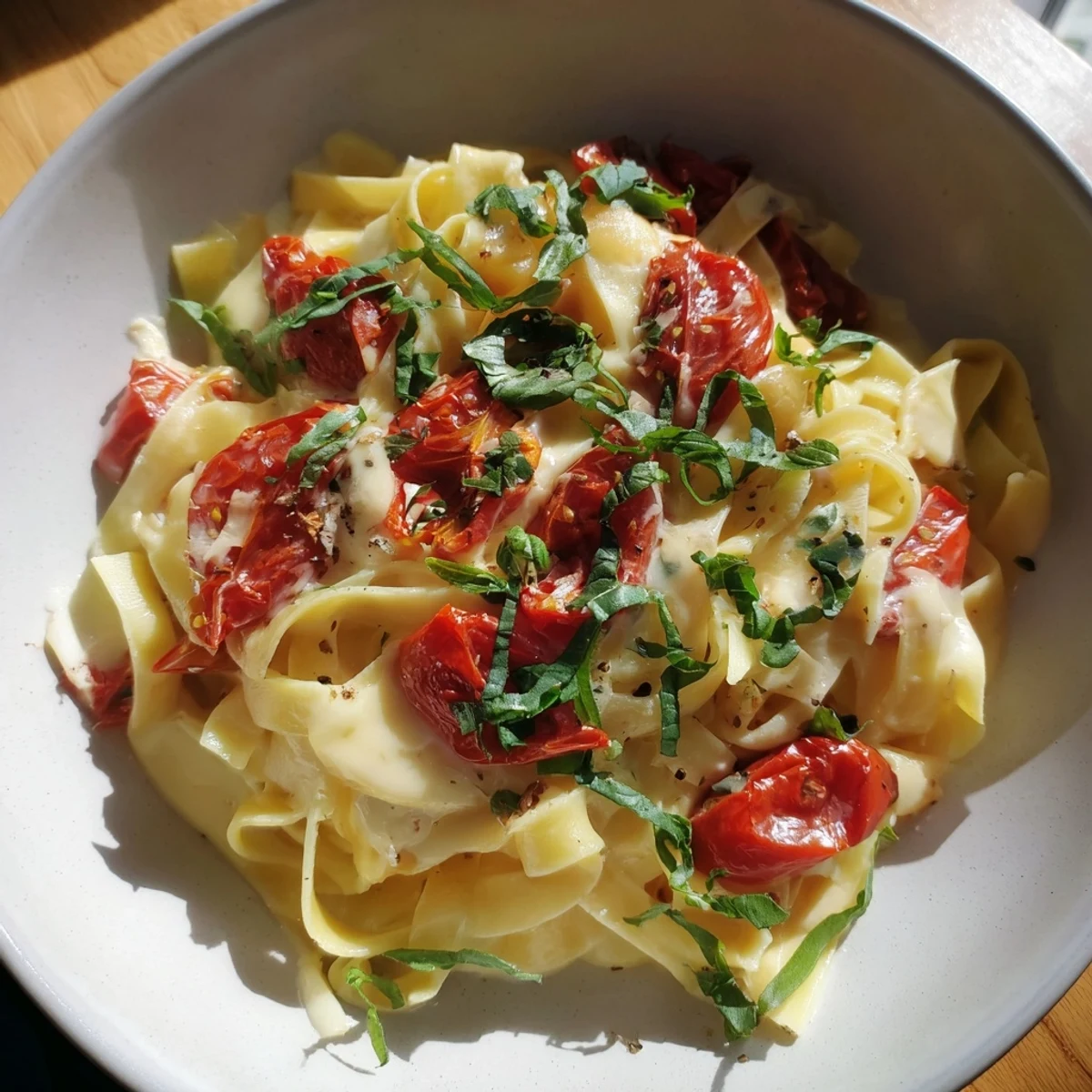 Close-up of bubbling Baked Brie Pasta Sauce, creamy and rich with sun-ripened tomatoes.