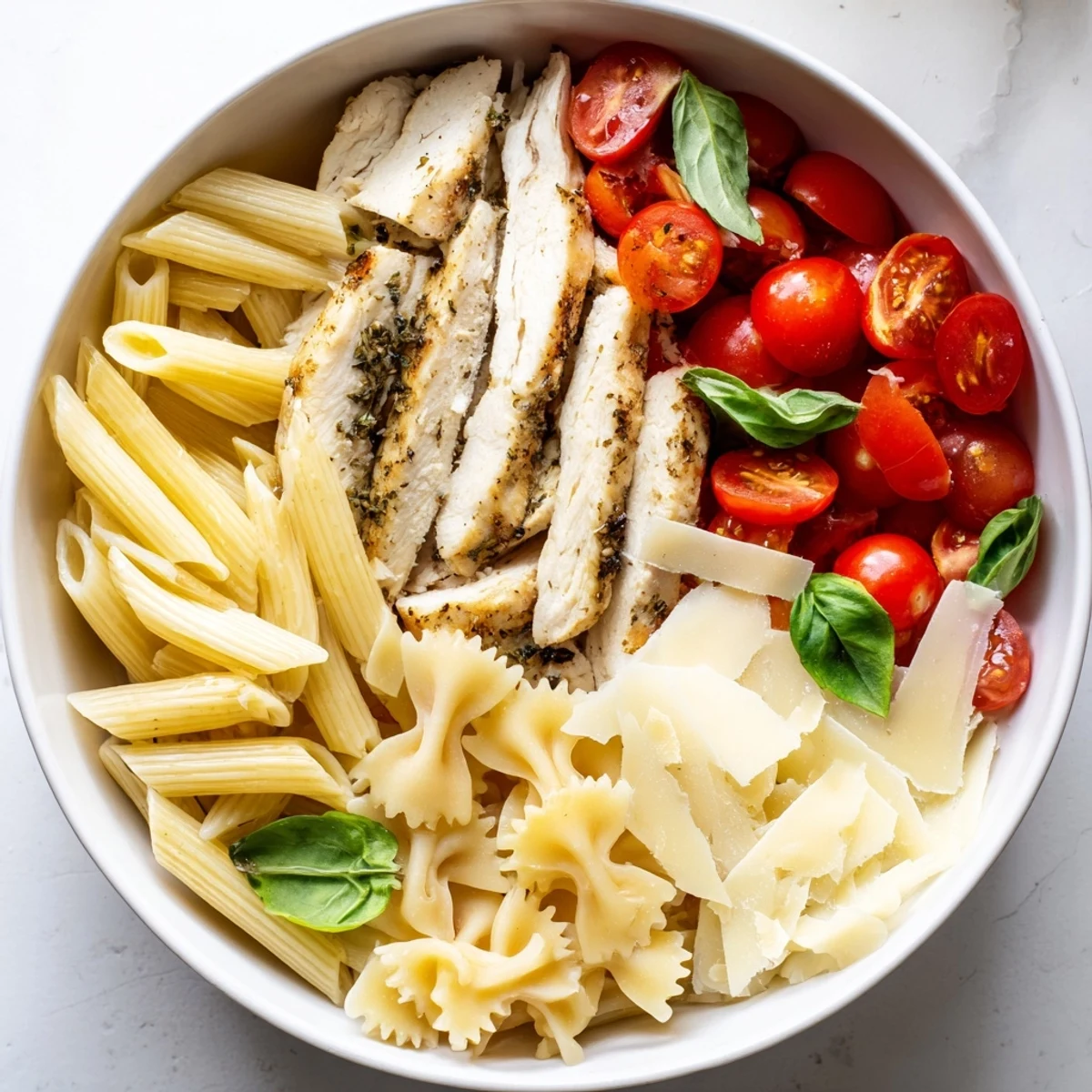 Girl Dinner Pasta Board, a colorful spread of pasta, grilled chicken, and various sauces.