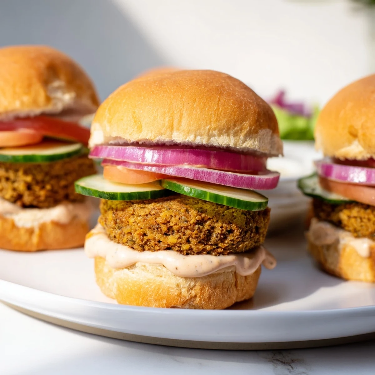 Golden-brown Baked Falafel Sliders, stacked high with vegetables and creamy tahini sauce, ready to eat.