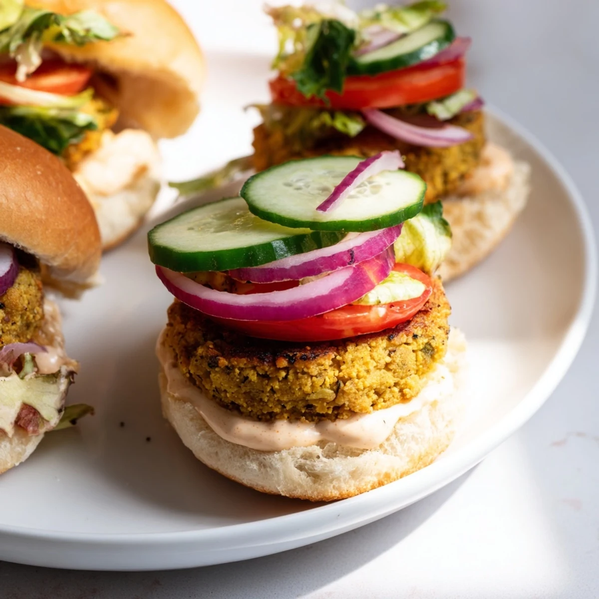 Freshly made Baked Falafel Sliders are served, showing layers of flavors with vibrant herbs and sauce.