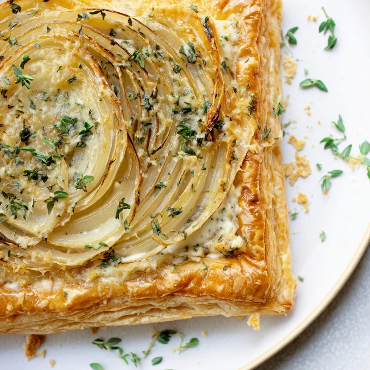 Golden, caramelized onions on a flaky Caramelized Onion Tart, ready to serve warm.