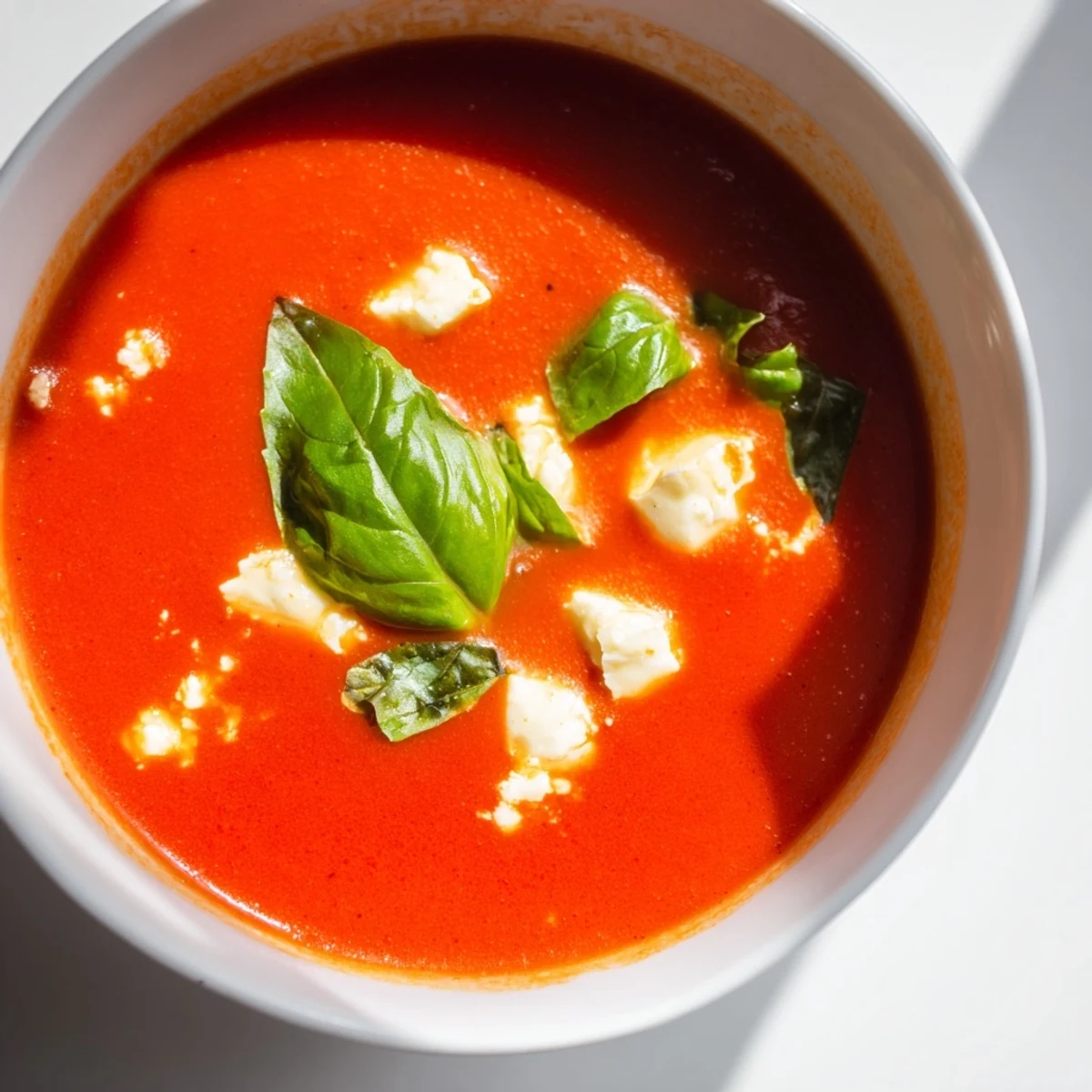 A steaming bowl of Creamy Tomato Mozzarella Soup, garnished with fresh basil, ready to eat.
