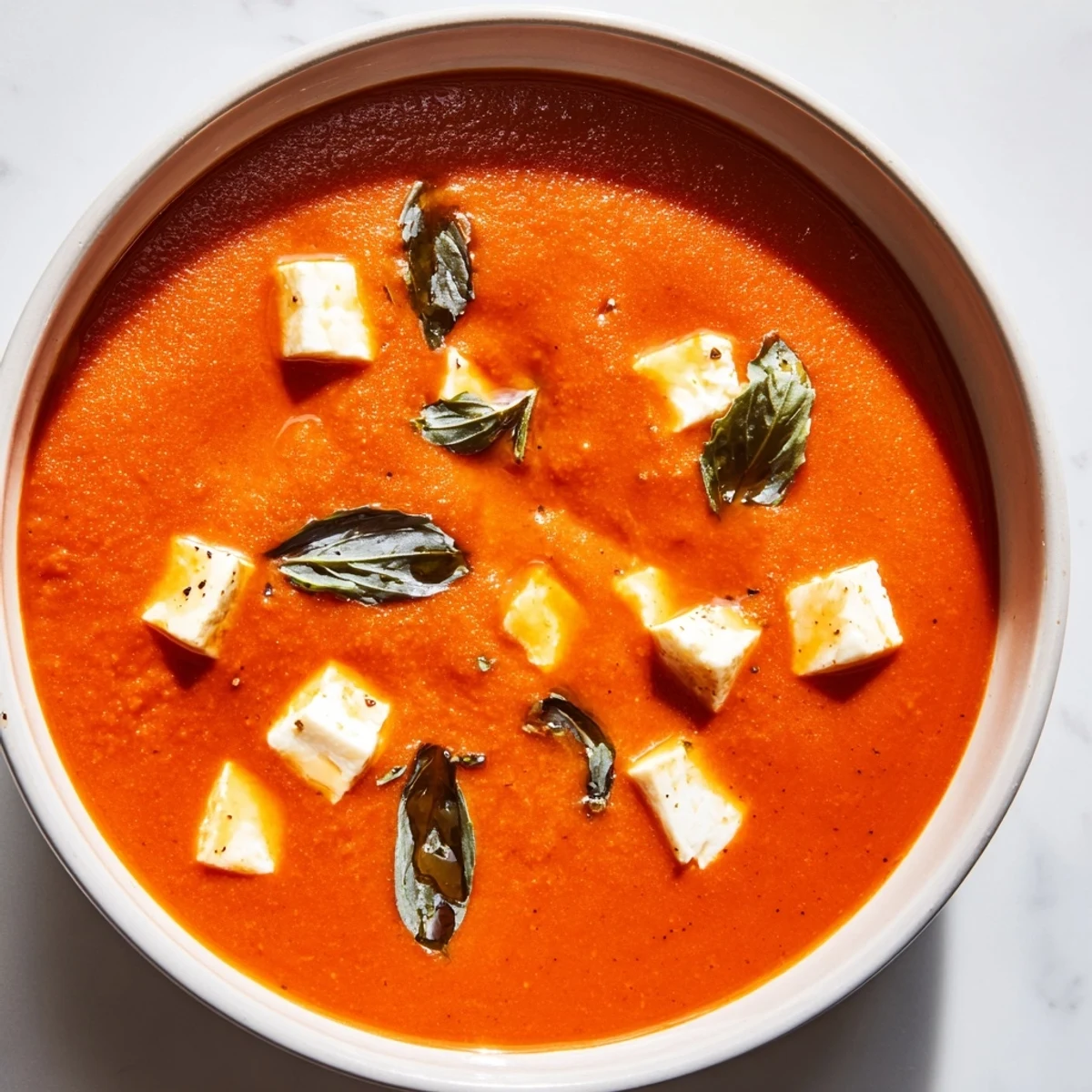 Close-up of velvety Creamy Tomato Mozzarella Soup, a comforting Italian vegetarian dish, ready to serve.