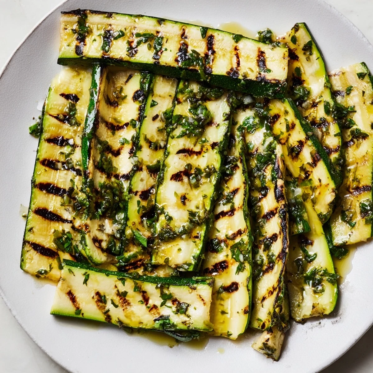 Tender, grilled Garlic Herb Zucchini glistening with olive oil and fresh herbs; a perfect summer side.