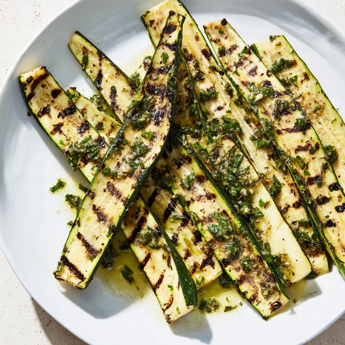Golden-brown Garlic Herb Grilled Zucchini slices are arranged artfully, ready to be served on a platter.