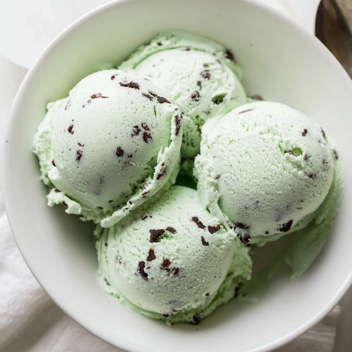 Creamy Mint Chocolate Chip Ice Cream swirled with dark chocolate chips, perfect dessert!