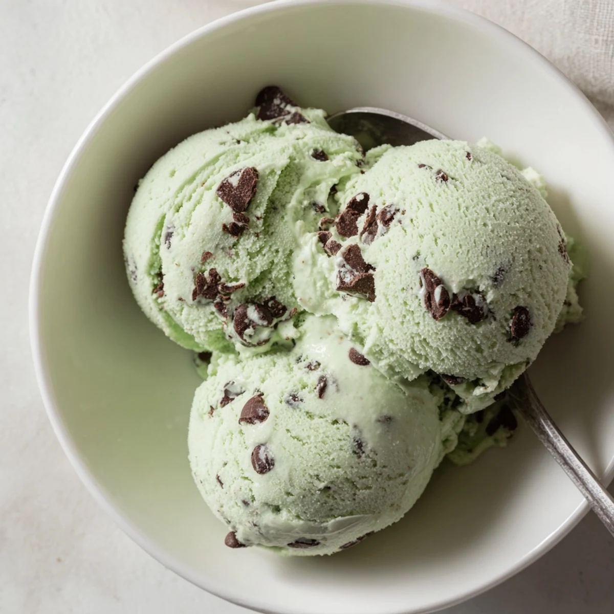 Homemade Mint Chocolate Chip Ice Cream scoop, with visible chocolate and a refreshing mint aroma.
