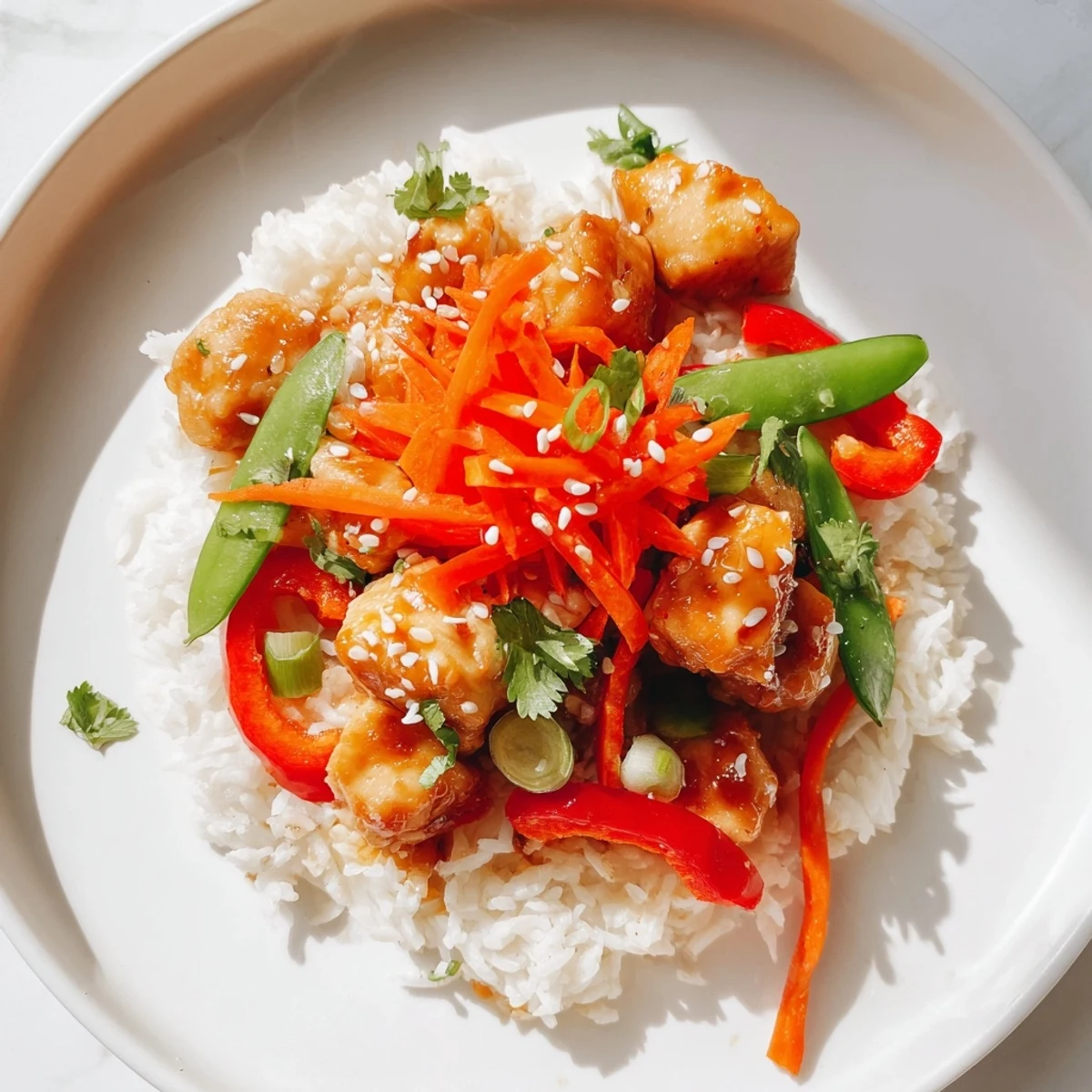 Tender chicken and colorful vegetables top a Sesame Ginger Rice Bowl, ready to enjoy this Asian meal.