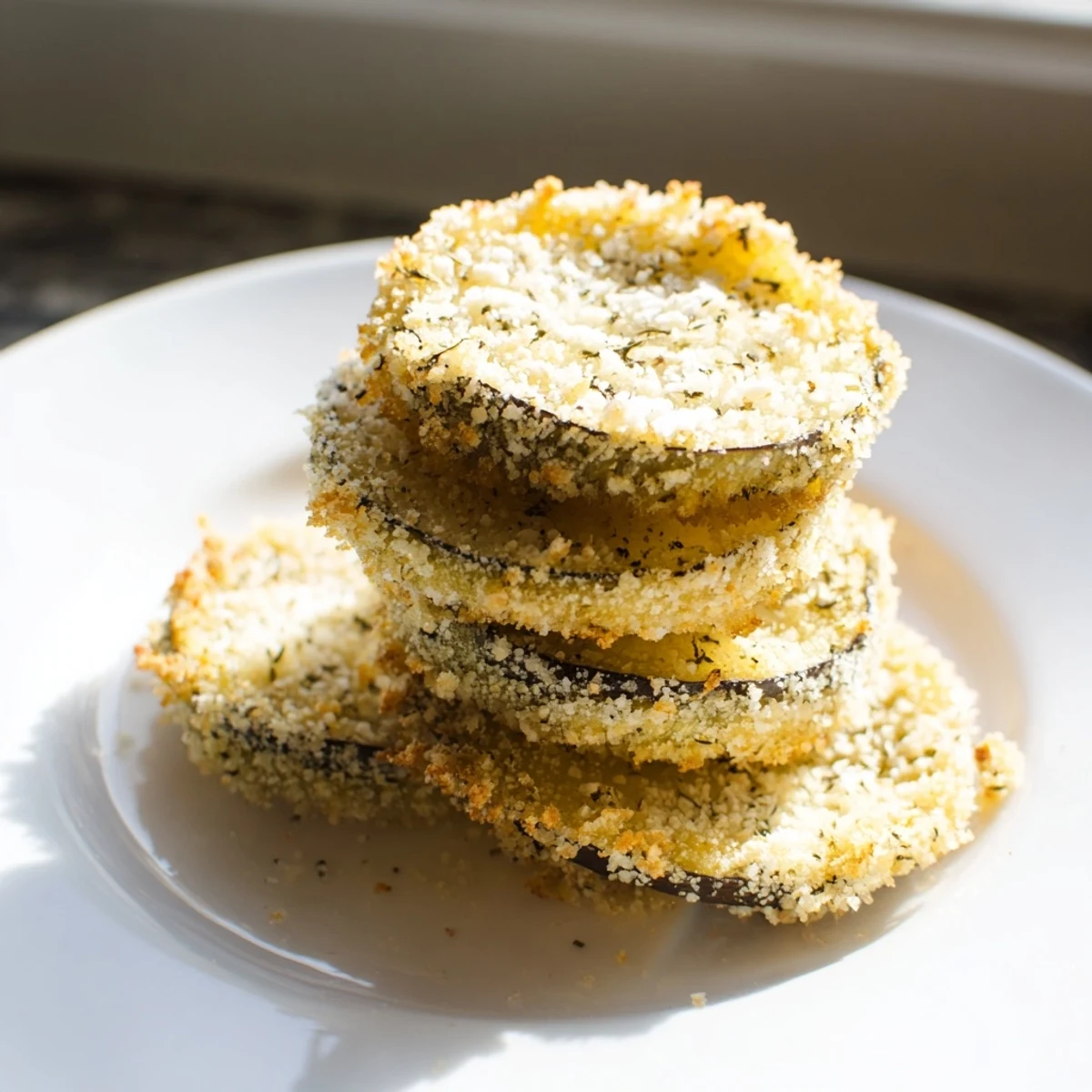 Golden-brown, crispy Eggplant Parmesan Chips are arranged ready to be dipped in marinara sauce.