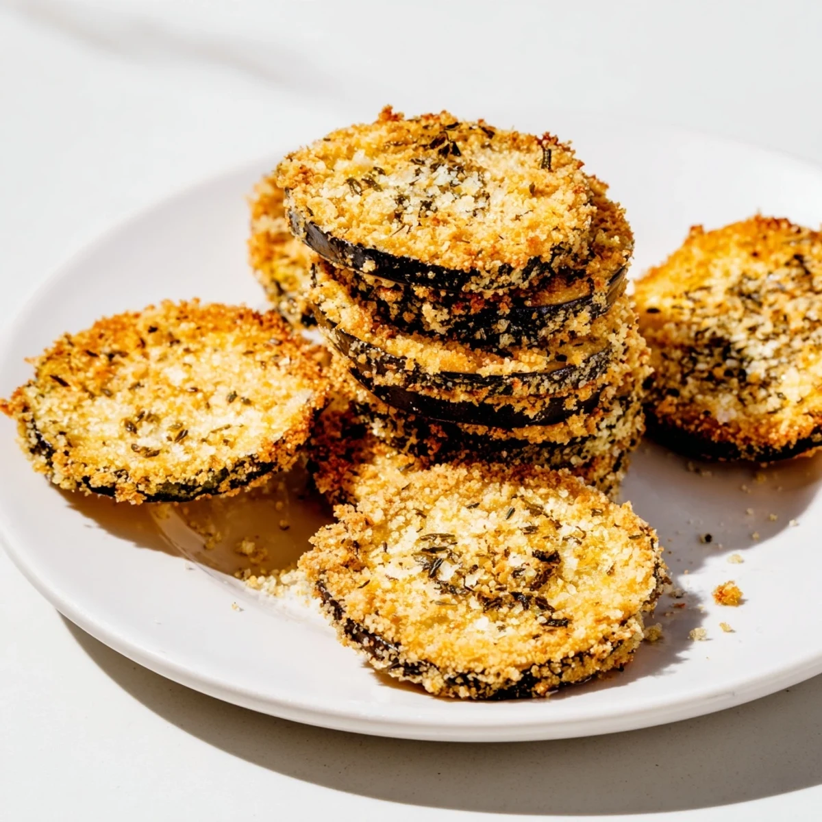 A close-up view of perfectly-baked Eggplant Parmesan Chips, delightfully crunchy and seasoned with herbs.