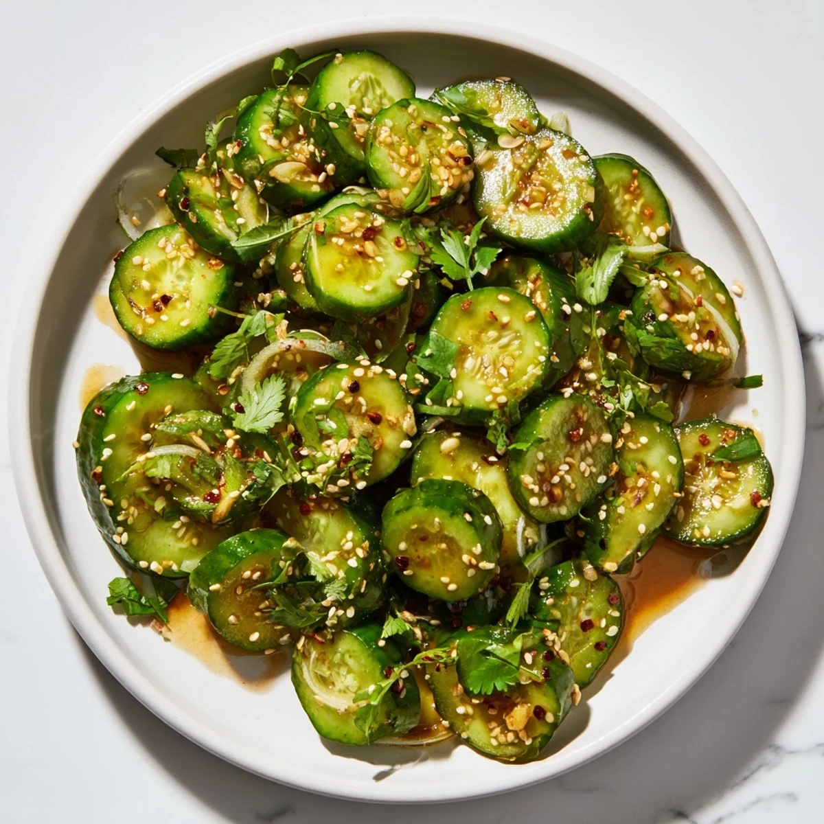 Crispy, vibrant Zesty Shake Cucumber Salad, a refreshing Asian-inspired delight with sesame seeds.