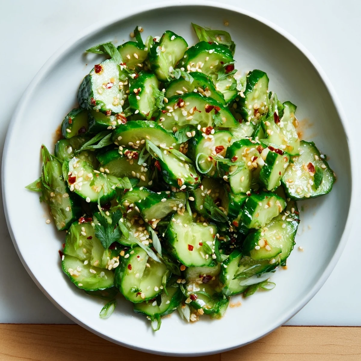 Cool, crunchy Zesty Shake Cucumber Salad with its vibrant dressing, ready to enjoy as a side.