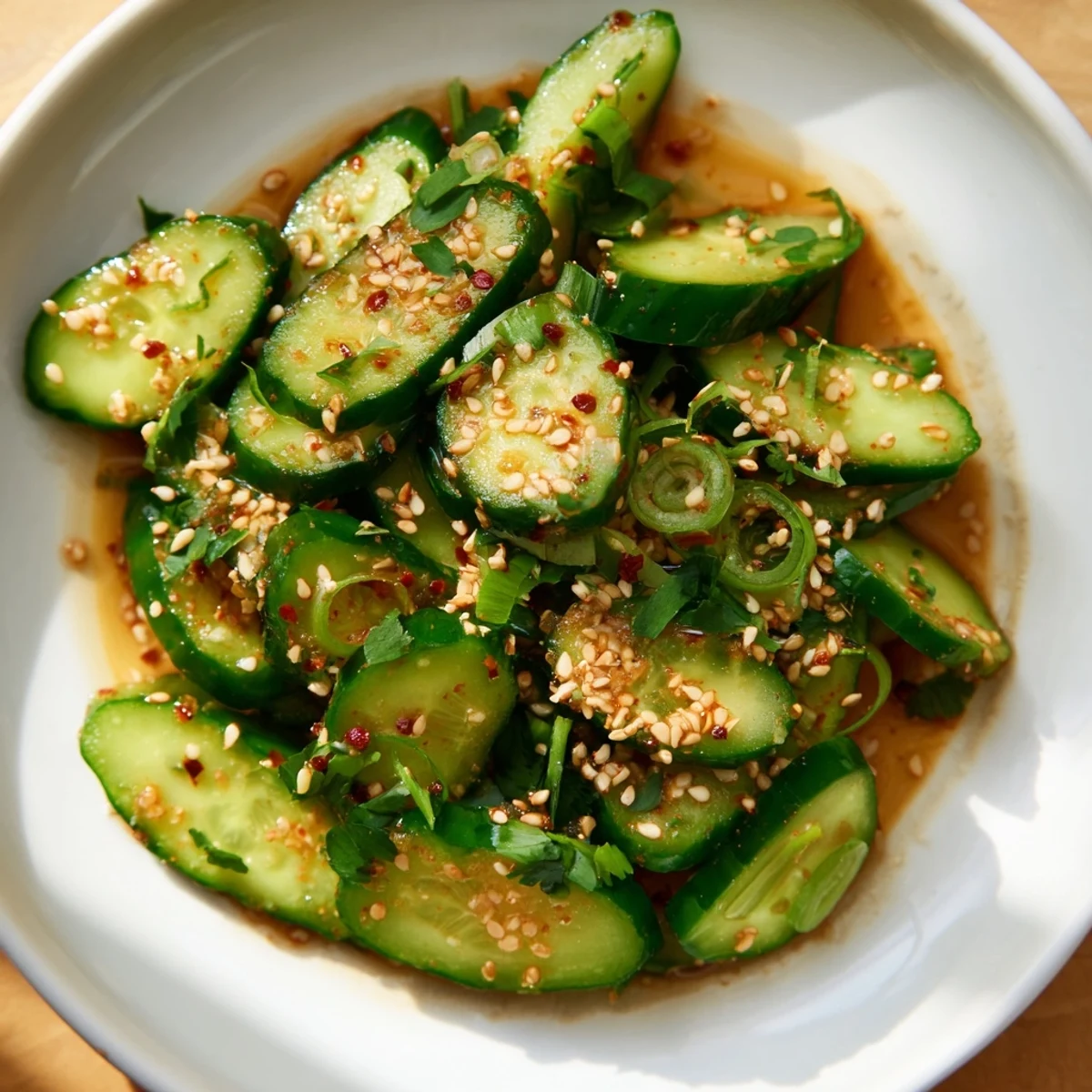 This Zesty Shake Cucumber Salad features bright green cucumbers and a flavorful, tangy sauce for a refreshing meal.