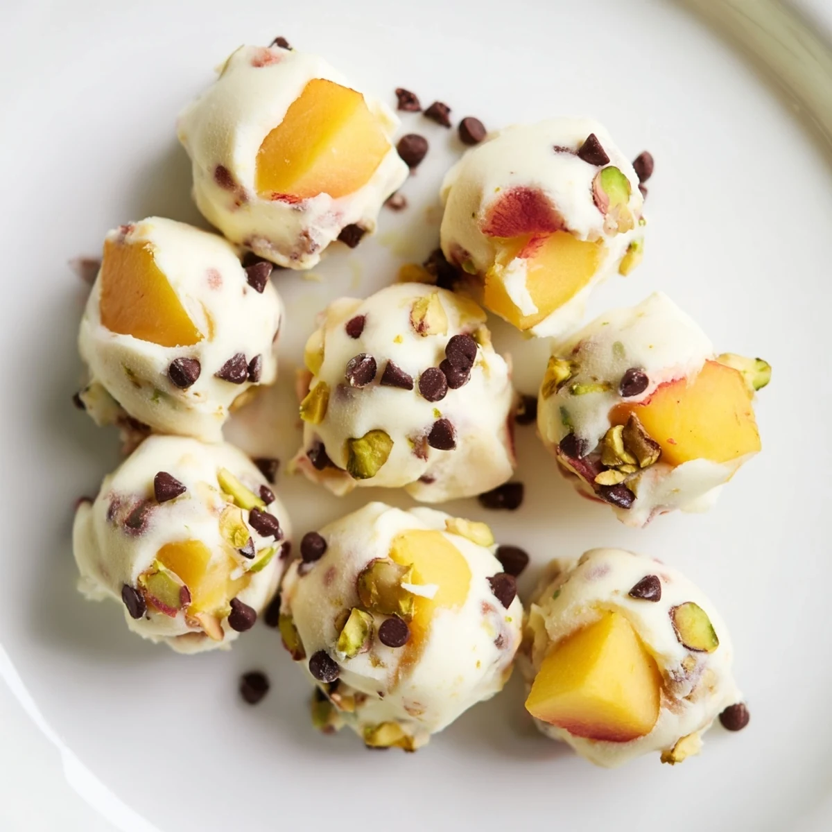 Frozen peach yogurt bites, creamy and speckled with diced peaches, ready to be enjoyed as a cool treat.