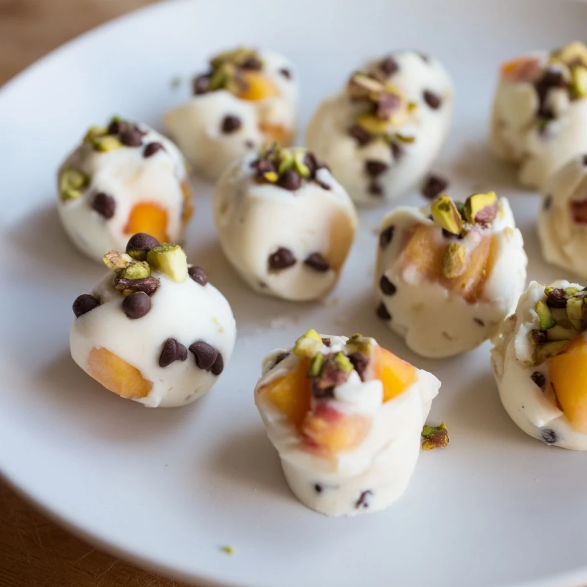A close-up of delicious frozen peach yogurt bites, perfect bite-sized snacks made with Greek yogurt.